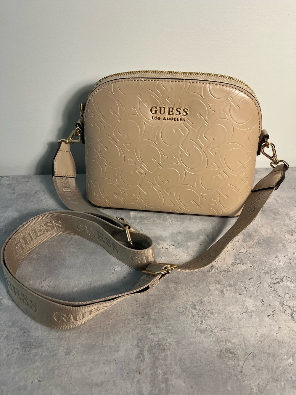 GUESS Los Angeles Embossed Beige Crossbody Bag Woven Strap